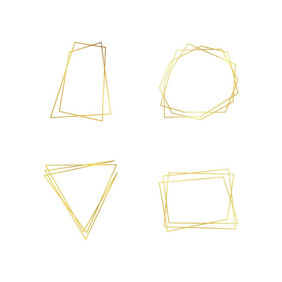Set of four gold geometric polygonal frames with shining effects isolated on white background. Empty glowing art deco backdrop. Vector illustration.