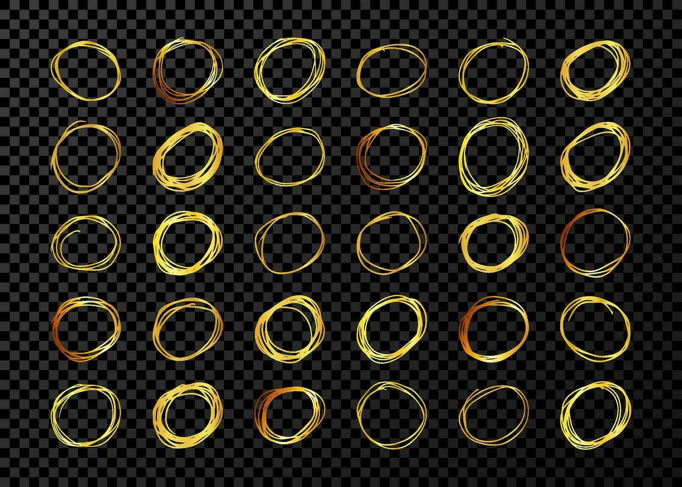 Hand drawn scribble circles.  Set of thirty gold doodle round circular design elements on dark background. Vector illustration