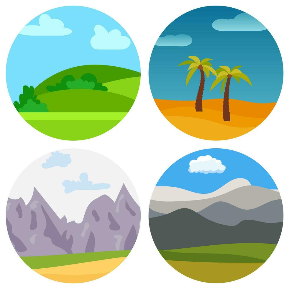 conjunto de cuatro natural dibujos animados paisajes a soleado día en círculo. vector ilustración.