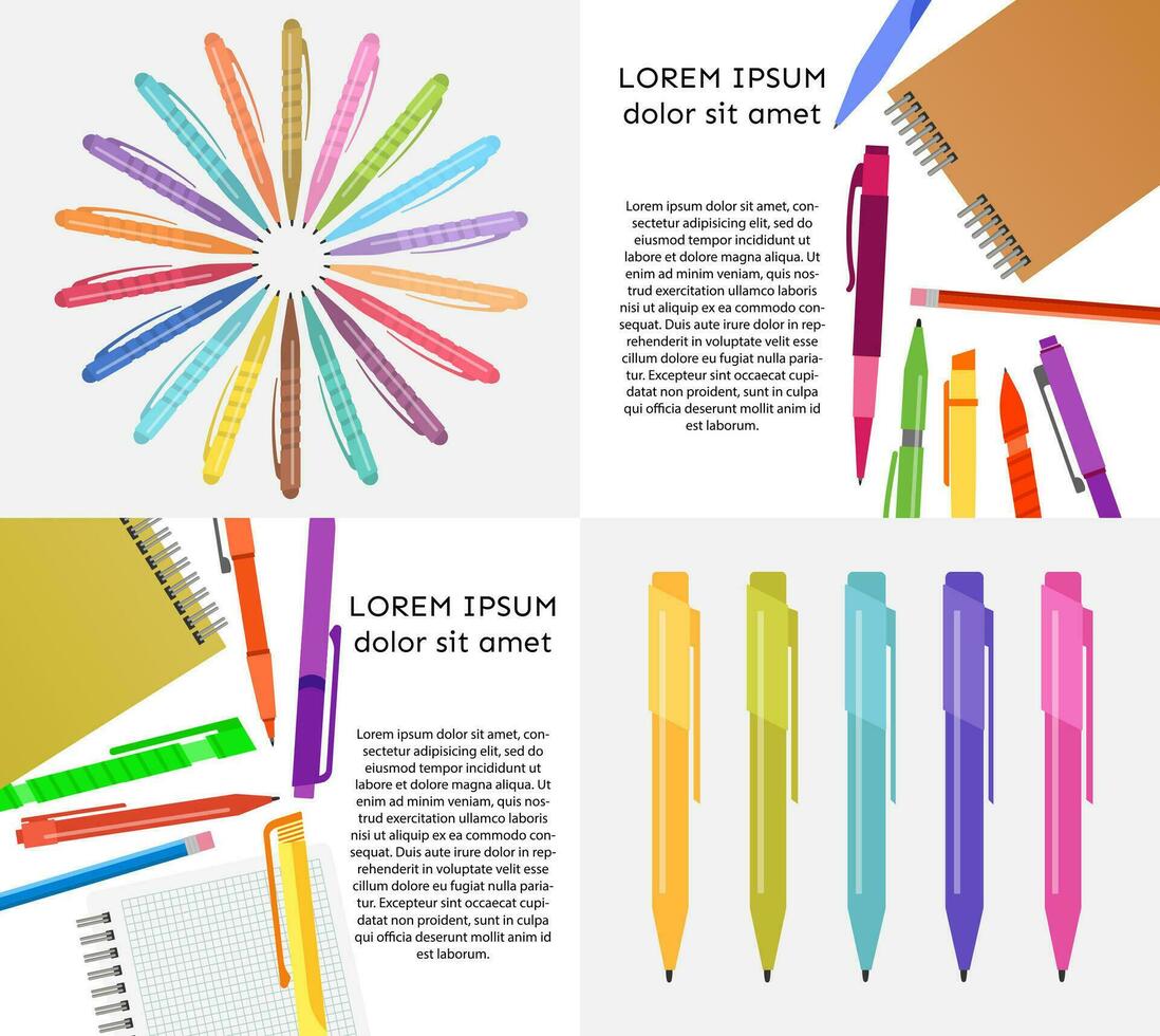 Set of four vector illustration with notebooks, pens and pencils.