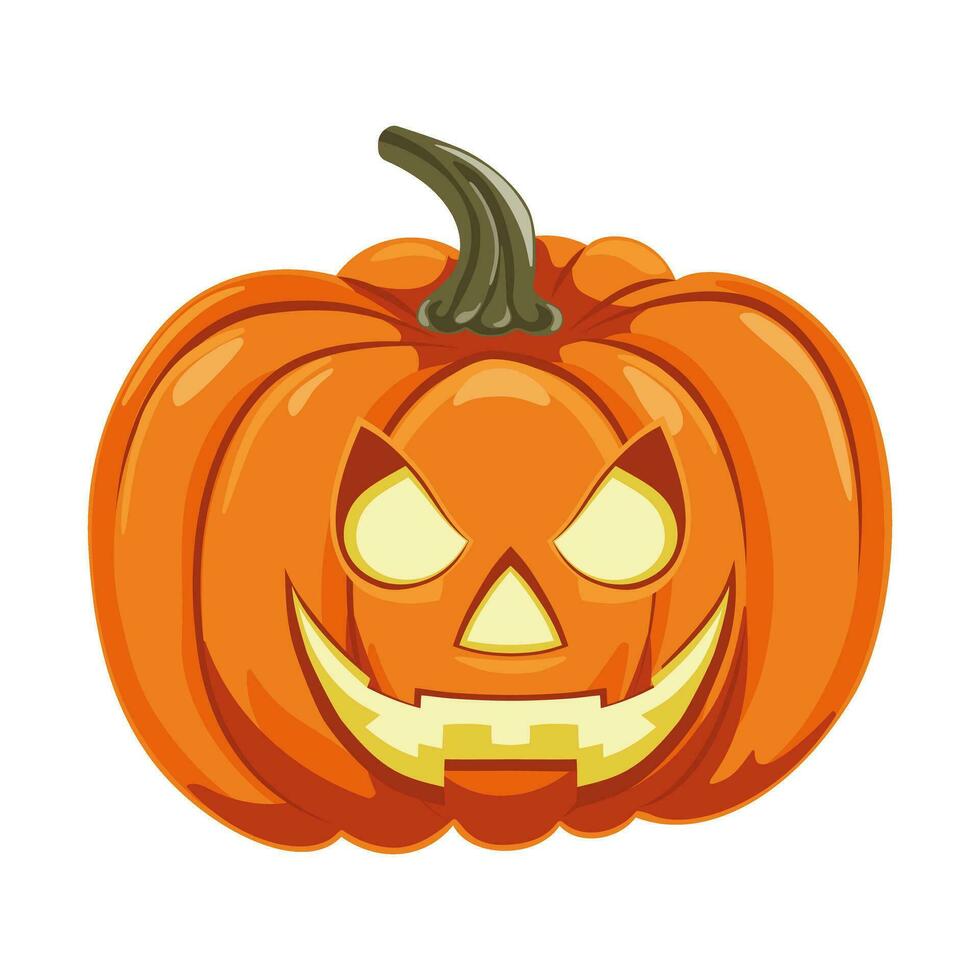 Halloween pumpkin jack o lantern with scary face. Design element for Halloween, Thanksgiving, harvest festival. Diet vegetable. Vector illustration.
