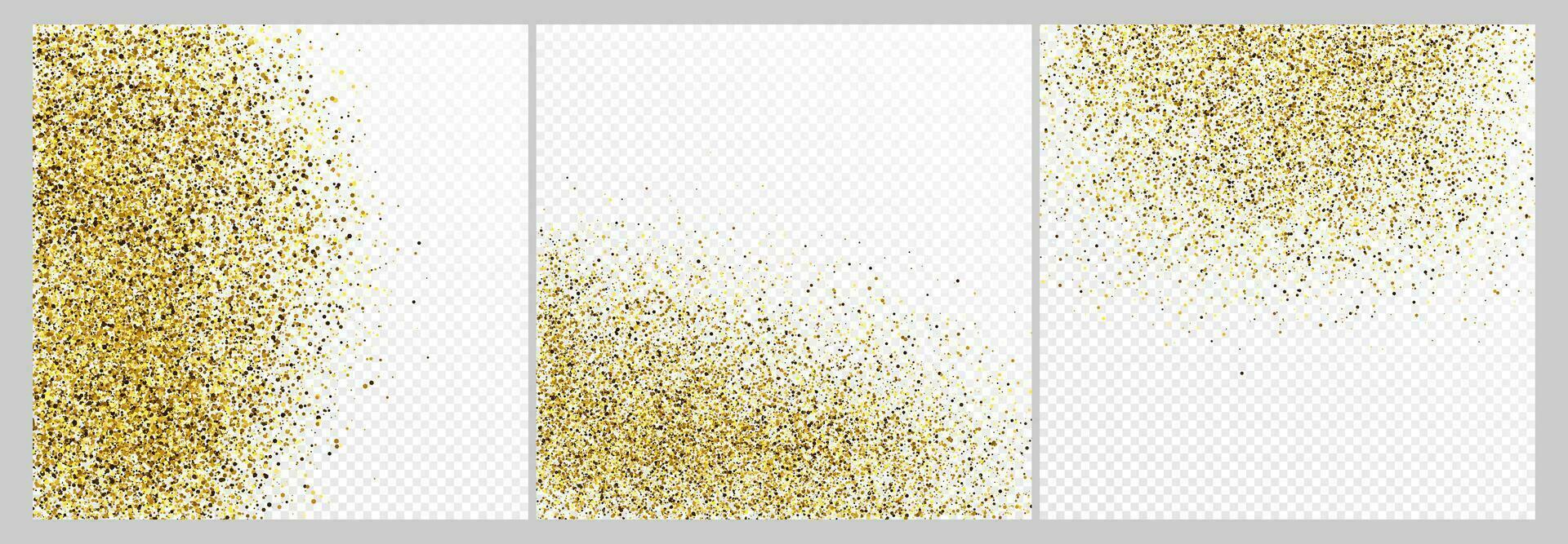 Set of three gold glitter confetti backdrops isolated on white  backgrounds. Celebratory texture with shining light effect. Vector illustration.