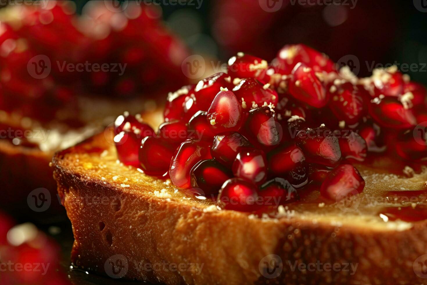 Pomegranate toast, macro shot of a fresh breakfast with Dripping Honey, AI Generated photo