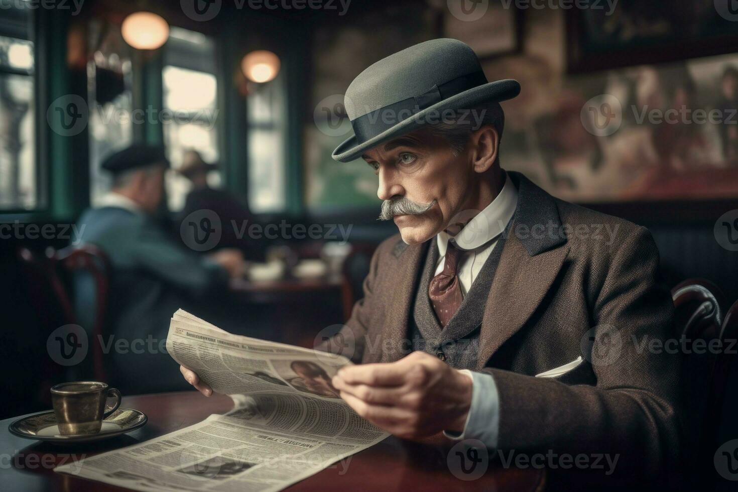 Retro man read newspaper. Generate Ai photo