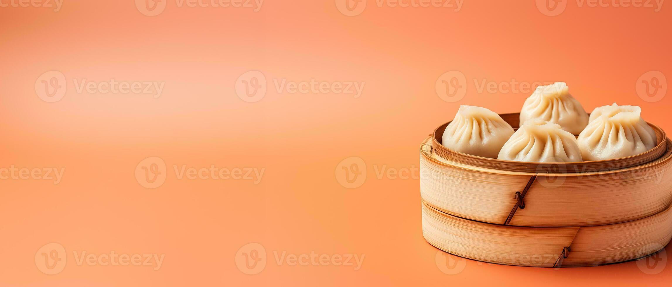 A close-up shot of a bamboo steamer filled with freshly steamed dumplings on a vibrant gradient background photo