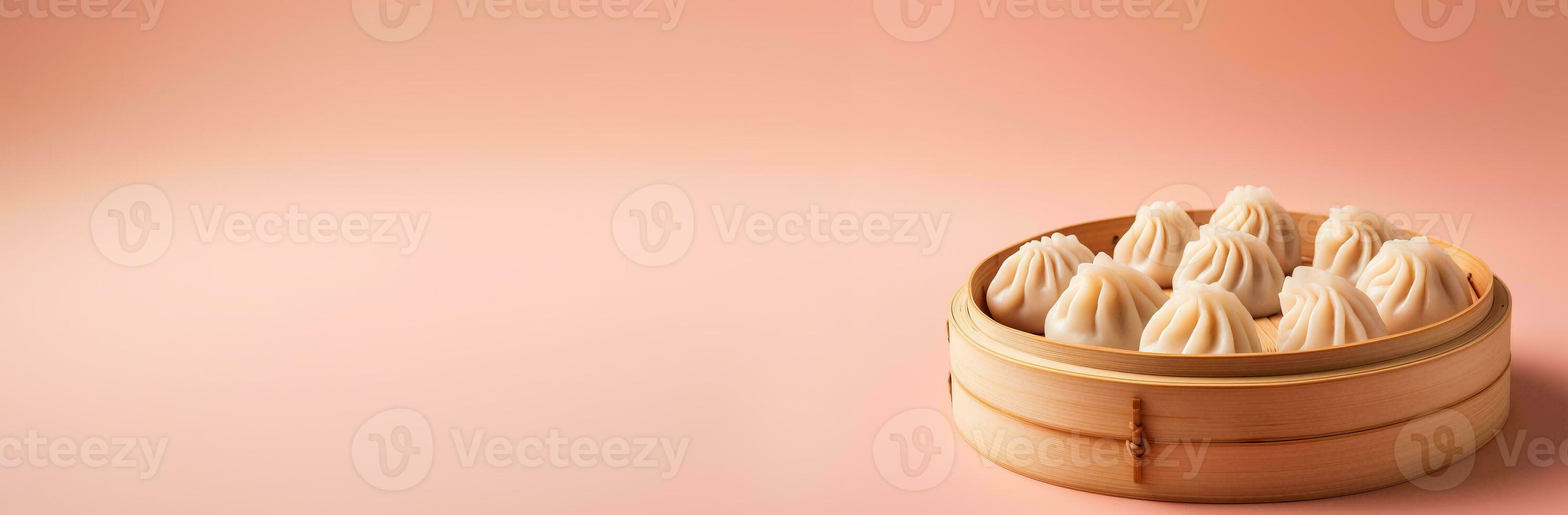 A close-up shot of a bamboo steamer filled with freshly steamed dumplings on a vibrant gradient background photo