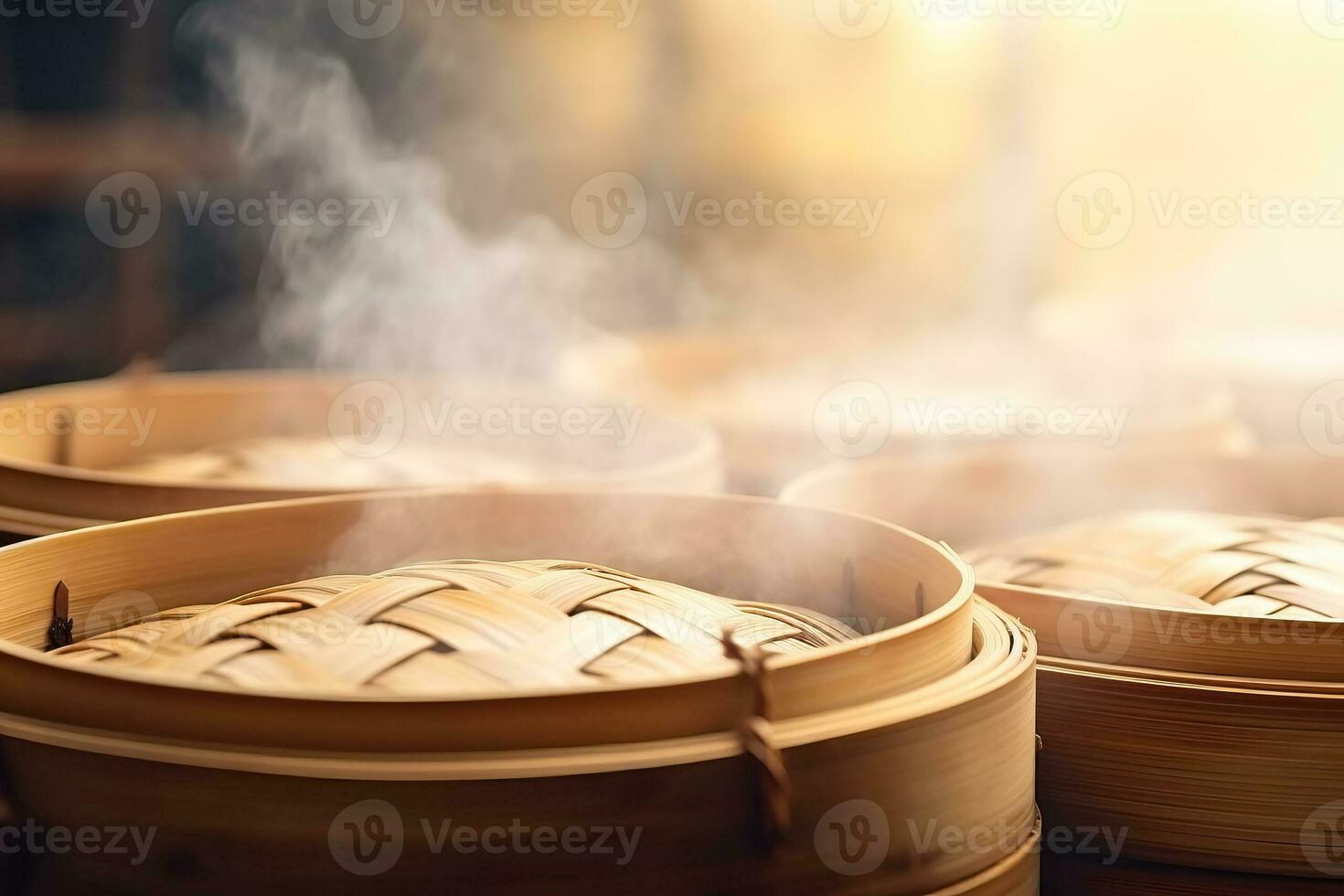A close-up shot of bamboo steamers stacked on a traditional dim sum steaming basket background with empty space for text photo