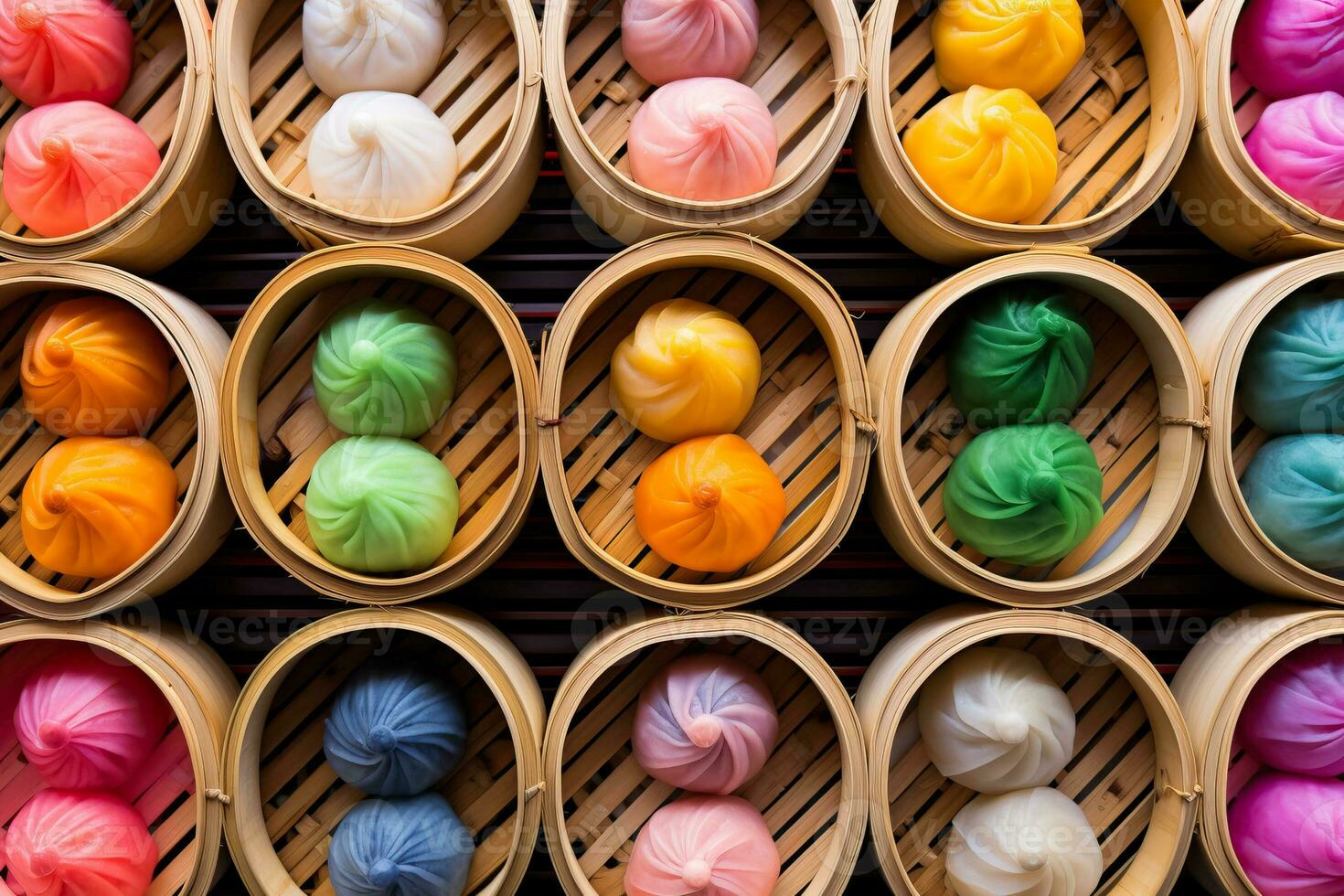 A vibrant collage of colorful bamboo steamers capturing the essence of the traditional dim sum cooking process photo