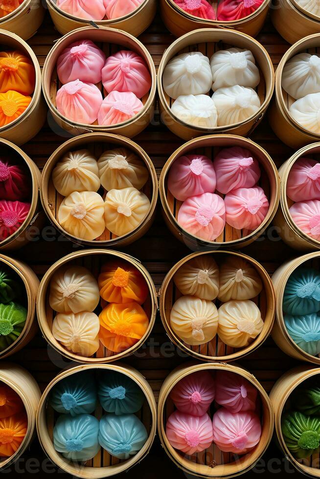 A vibrant collage of colorful bamboo steamers capturing the essence of the traditional dim sum cooking process photo