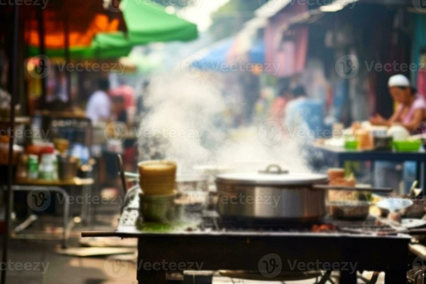 A bustling street food stall in Asia showcasing various steaming techniques with a vibrant background and empty space for text photo