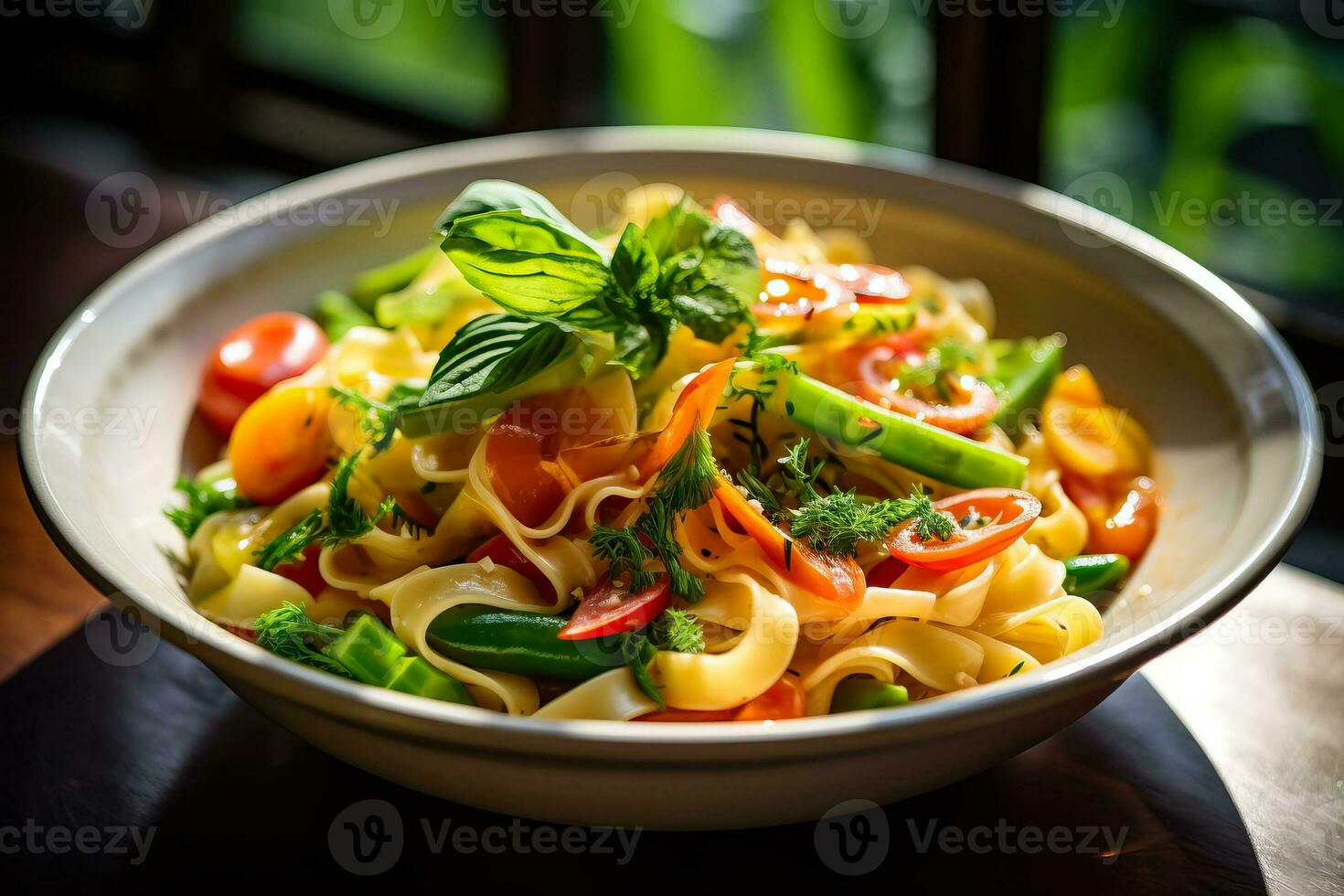 A close-up shot captures a steaming bowl of homemade pasta adorned with fresh vegetables creating a delectable and visually appealing dish photo