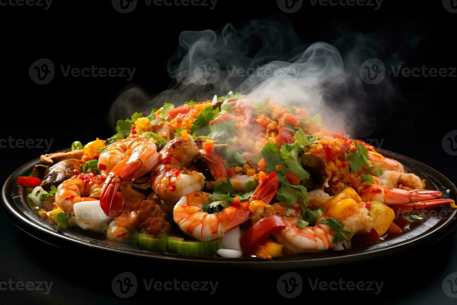A close-up shot of a sizzling platter of steaming seafood bursting with vibrant colors and flavors on a gradient background photo
