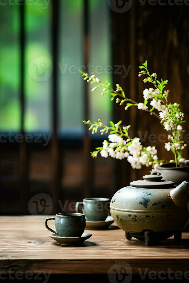 A serene tea room with Japanese tea set on a wooden table background with empty space for text photo