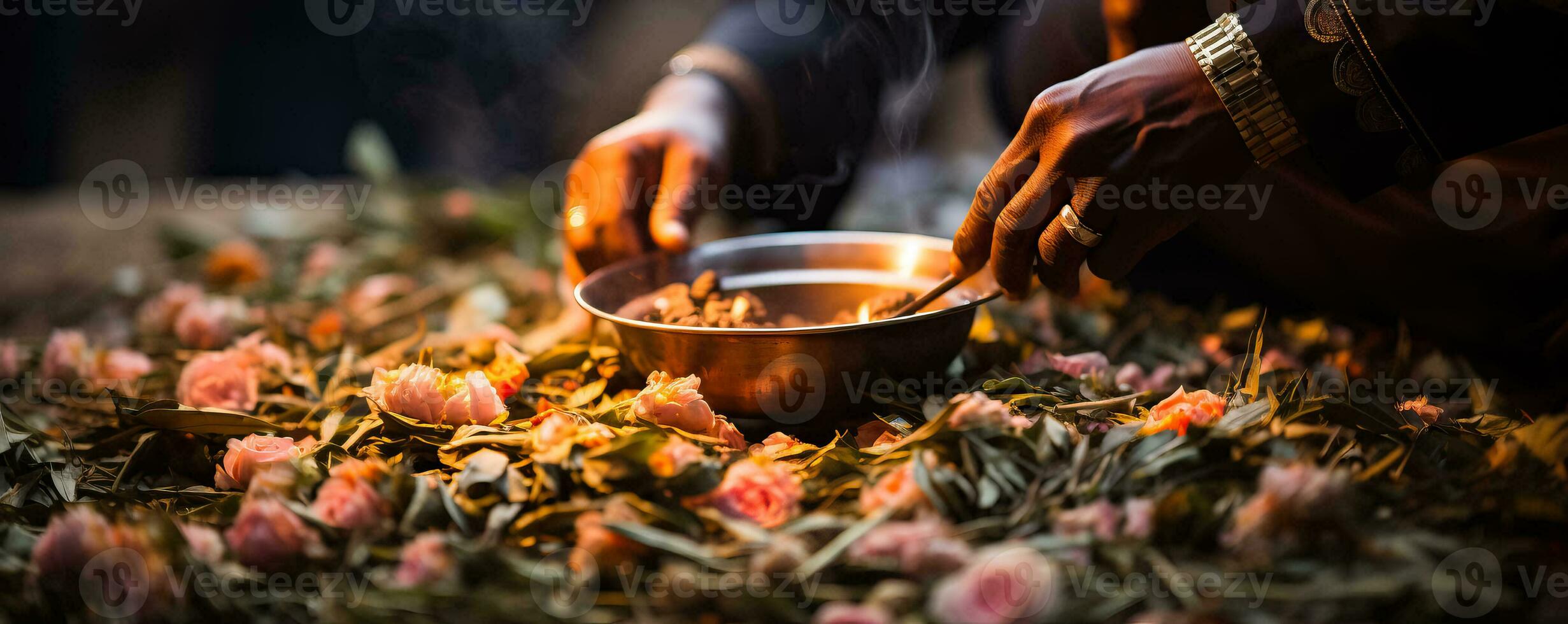 Glowing with anticipation a skilled farmer meticulously steams tea leaves infusing vibrant colors into the heart of the ceremony photo