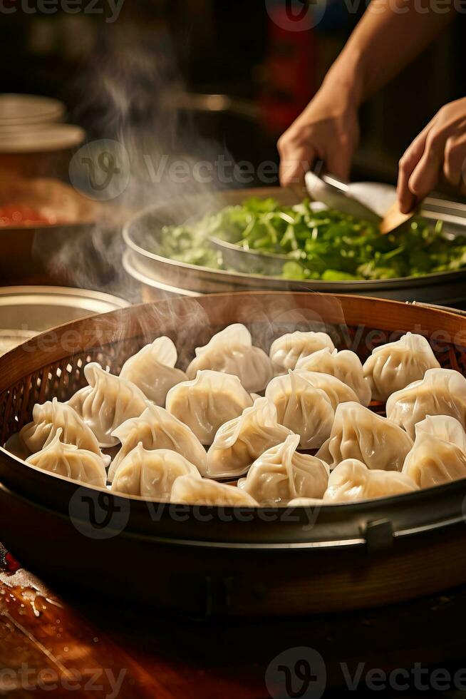 Chefs skillfully wrap delicate dumplings filling the air with mouthwatering aromas as steamer baskets await their turn photo