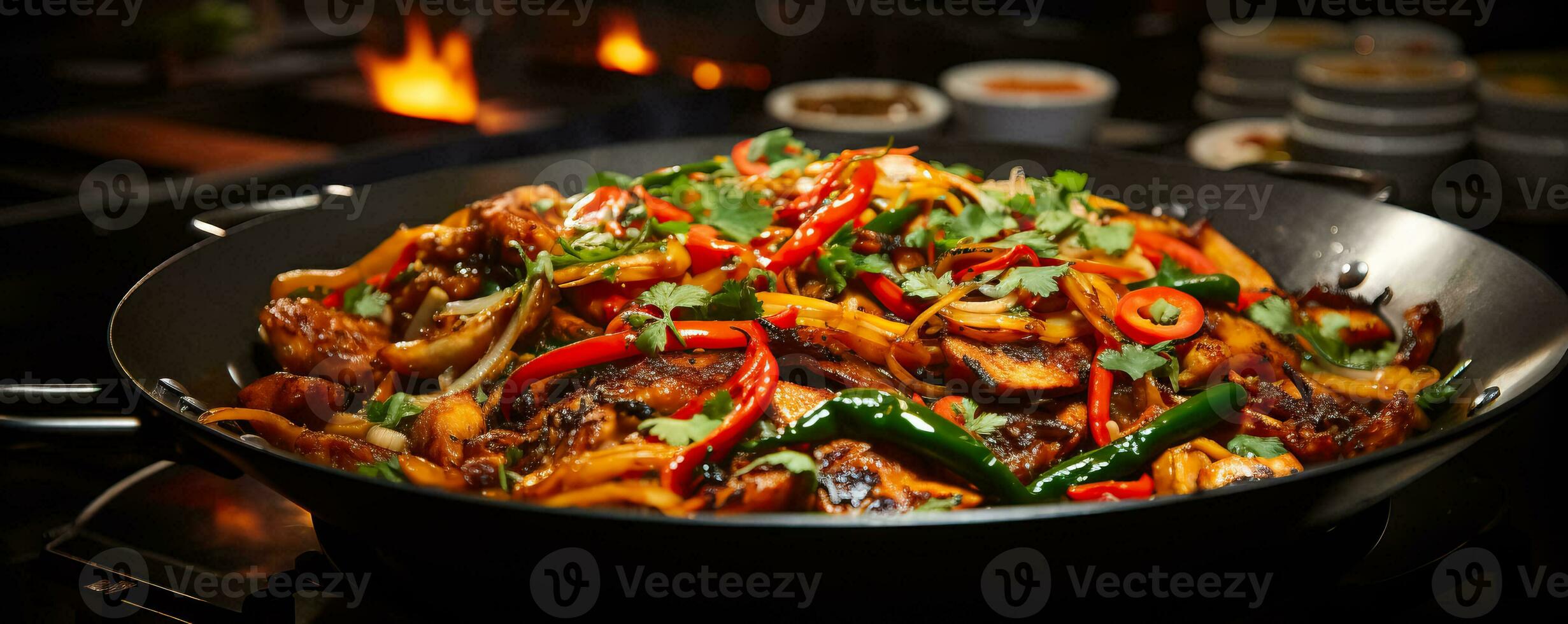 A close-up shot of a sizzling wok laden with vibrant ingredients showcasing the artistry of Asian street food steaming techniques photo