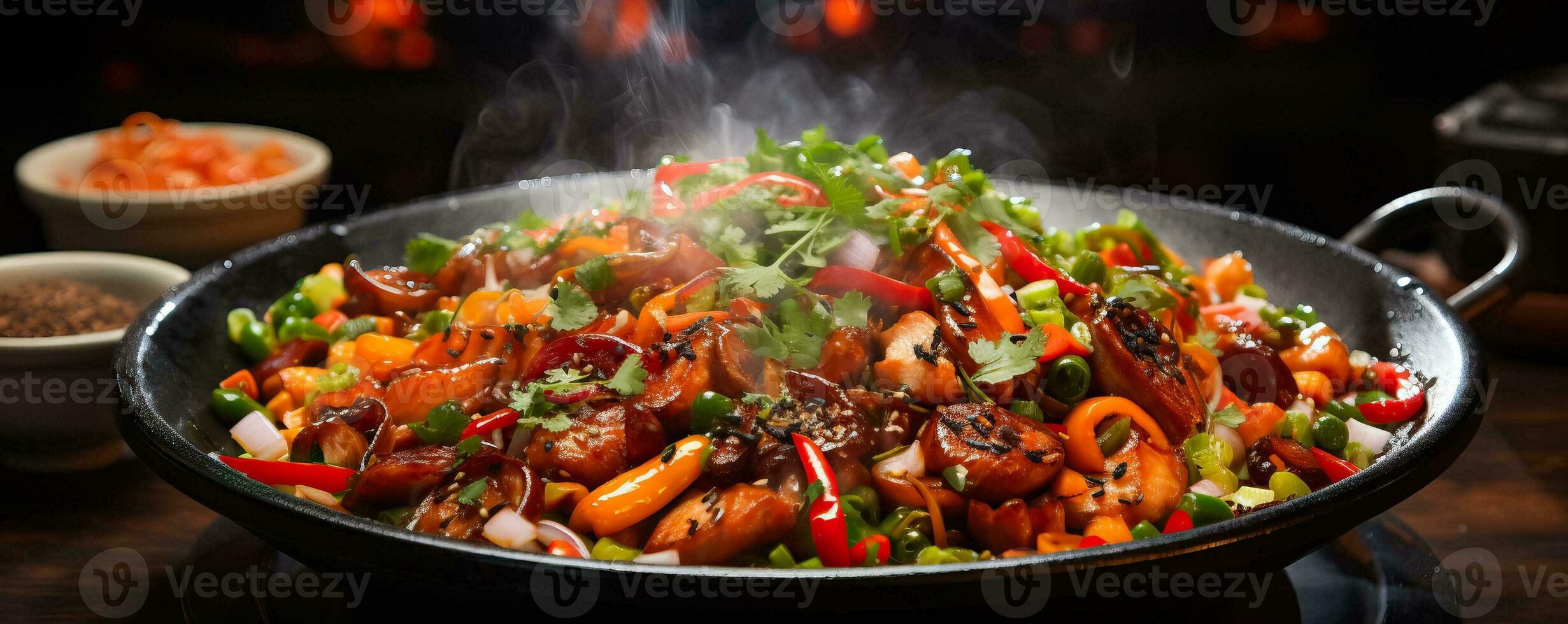 A close-up shot of a sizzling wok laden with vibrant ingredients showcasing the artistry of Asian street food steaming techniques photo