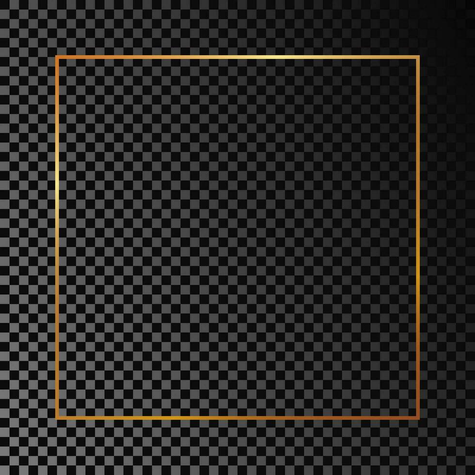 Gold glowing square frame isolated on dark background. Shiny frame with glowing effects. Vector illustration.