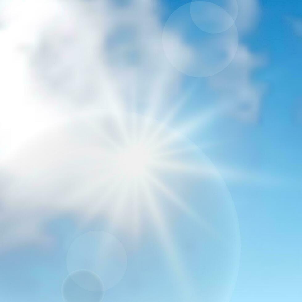 Natural background with clouds and sun on blue sky. Realistic cloud on blue backdrop. Vector illustration