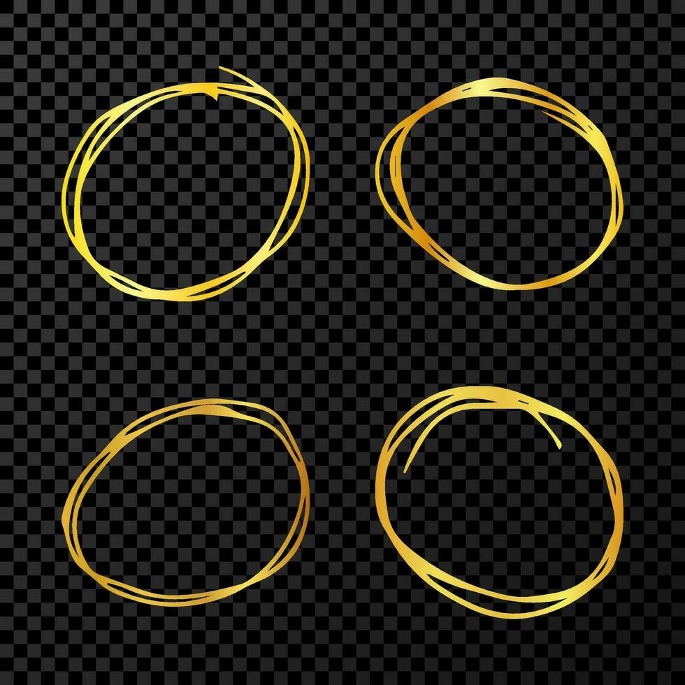 Hand drawn scribble circles.  Set of four gold doodle round circular design elements on dark  background. Vector illustration