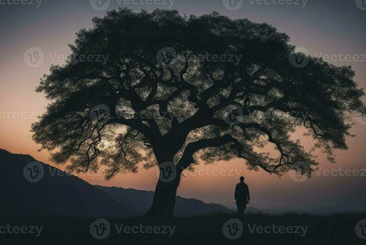 Natural sunset landscape with man under the tree silhouette, generative ai photo