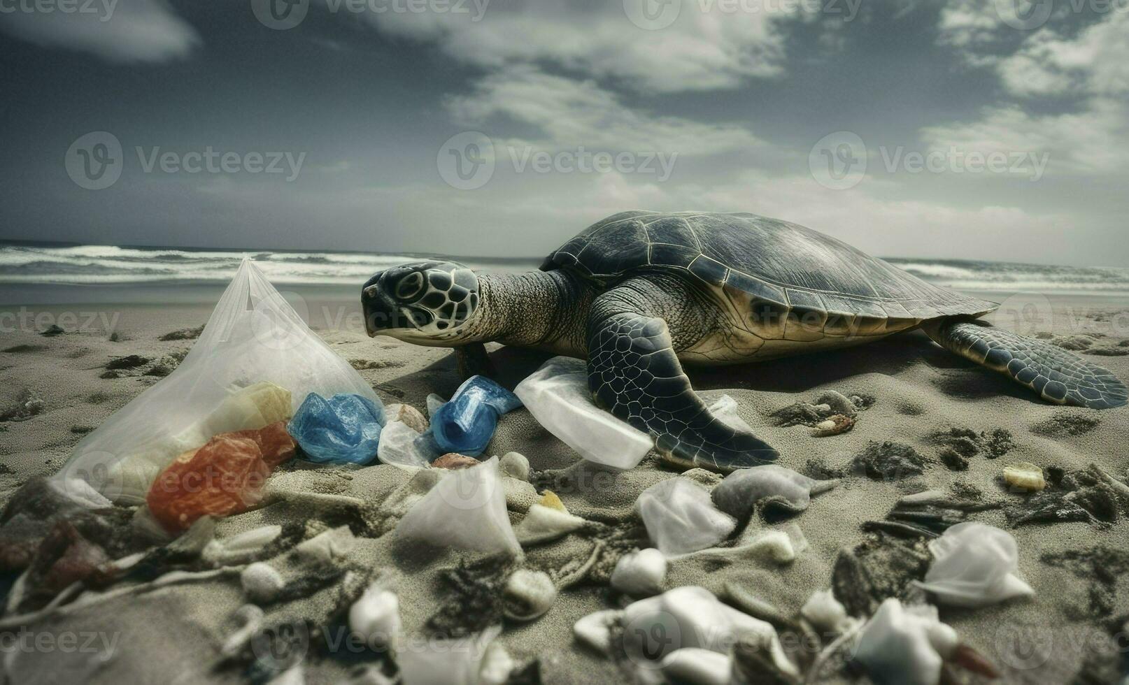 Plastic Pollution In Ocean, Turtle and Plastic Bag, Environmental Problem, generative ai photo