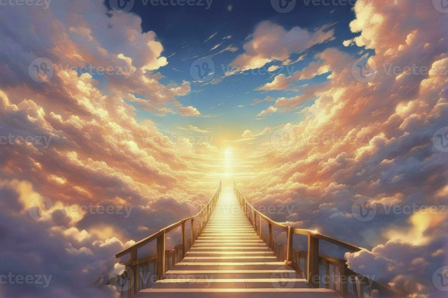 Stairway to Heaven. Stairs in sky. Concept with sun and clouds. Religion background, generative
