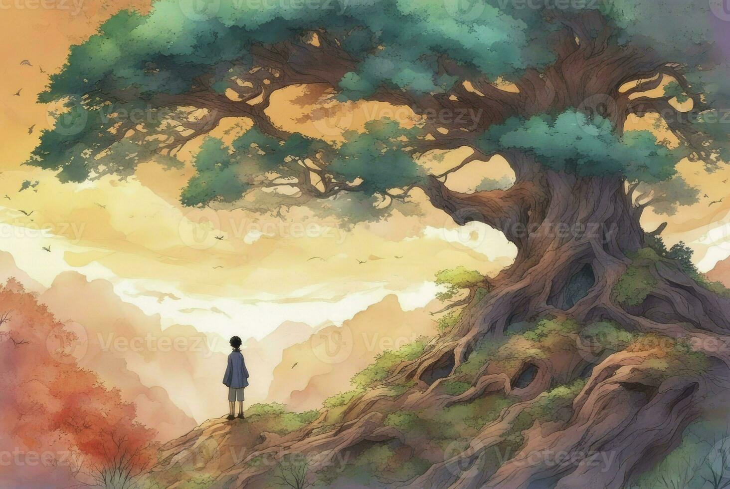 Painting of little child under big tree, acrylic on canvas texture, storytelling illustration, generative ai photo