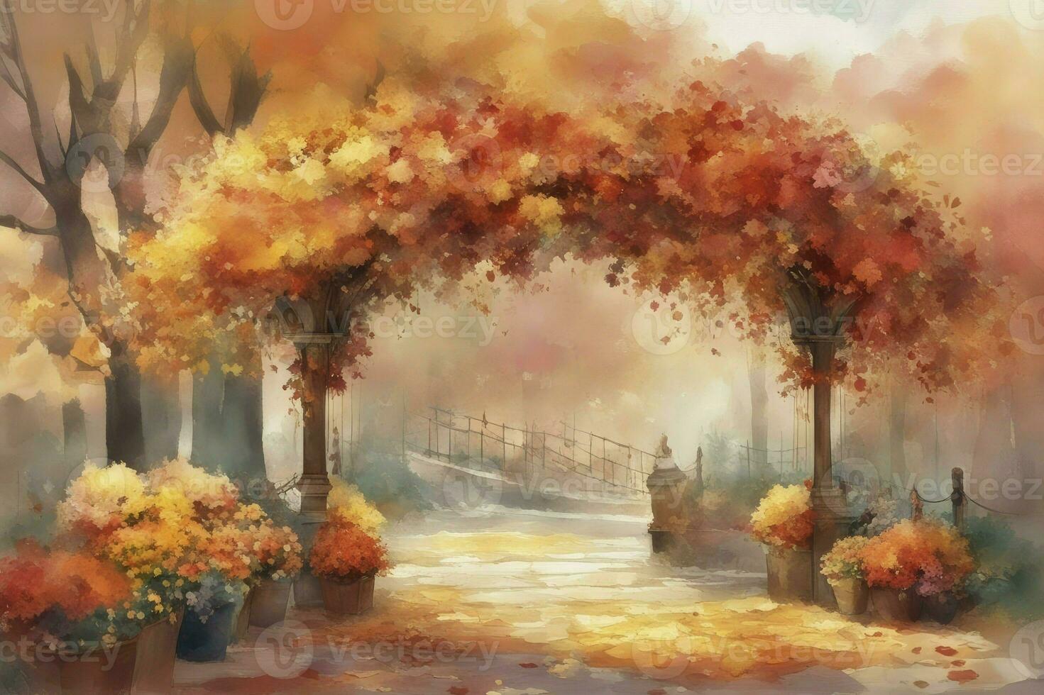 Wedding altar on the beach against a background of beautiful autumn garden. Destination wedding and celebration in a tropical country concept. Watercolor, generative ai photo
