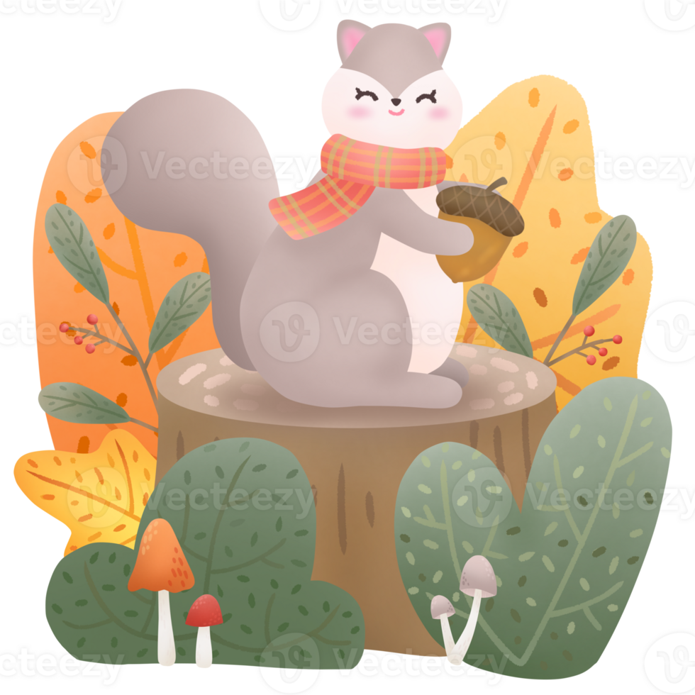 A squirrel holding a walnut stands on a stump. png