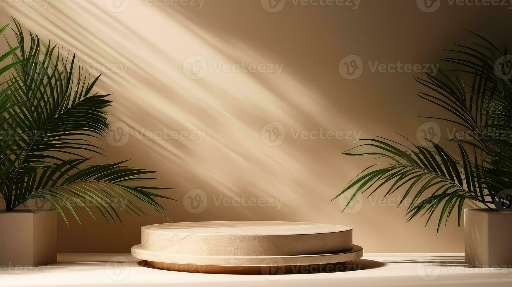 Beige Marble Podium with Palm Shadow Backdrop AI generated photo