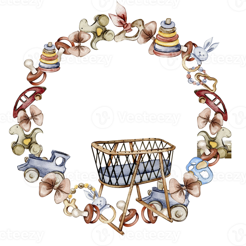 Toys wreath watercolor illustration png