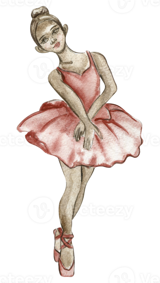 Watercolor ballerina girl in pink dress. png