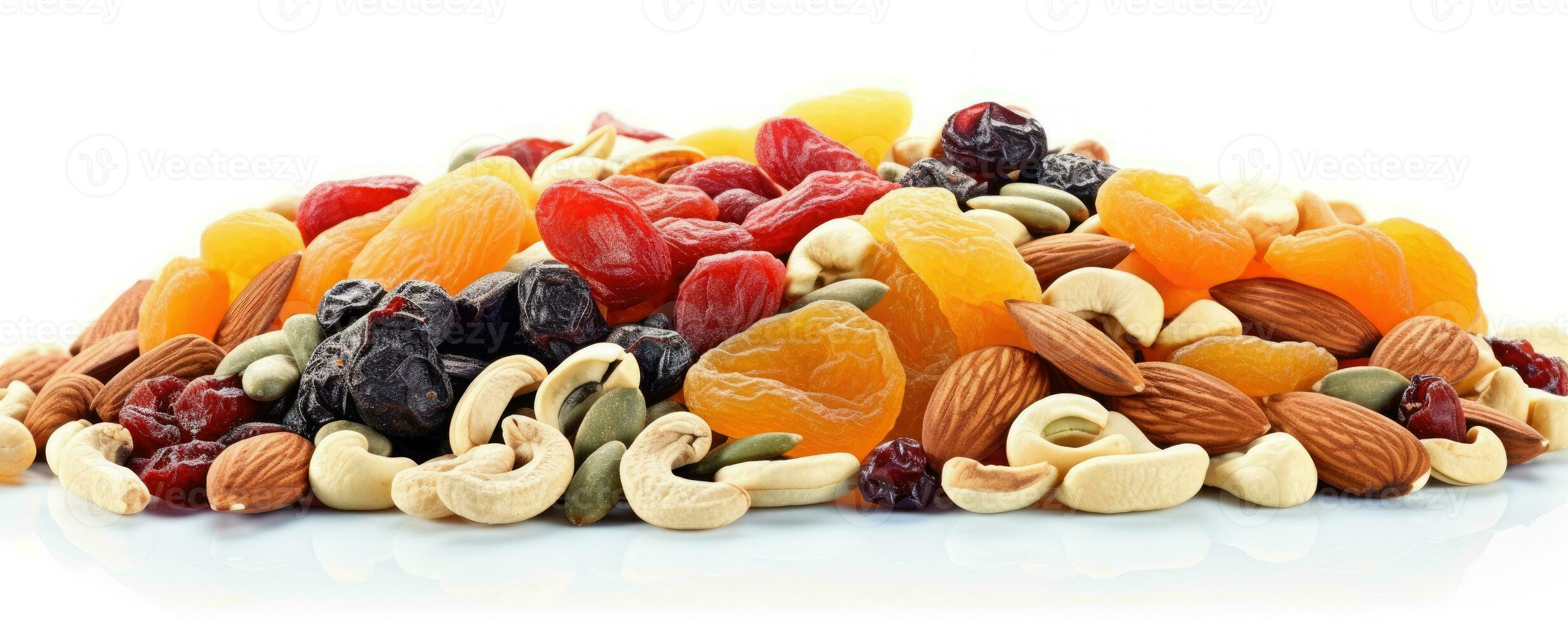 Footer of mix dry fruit on white background, AI Generated photo