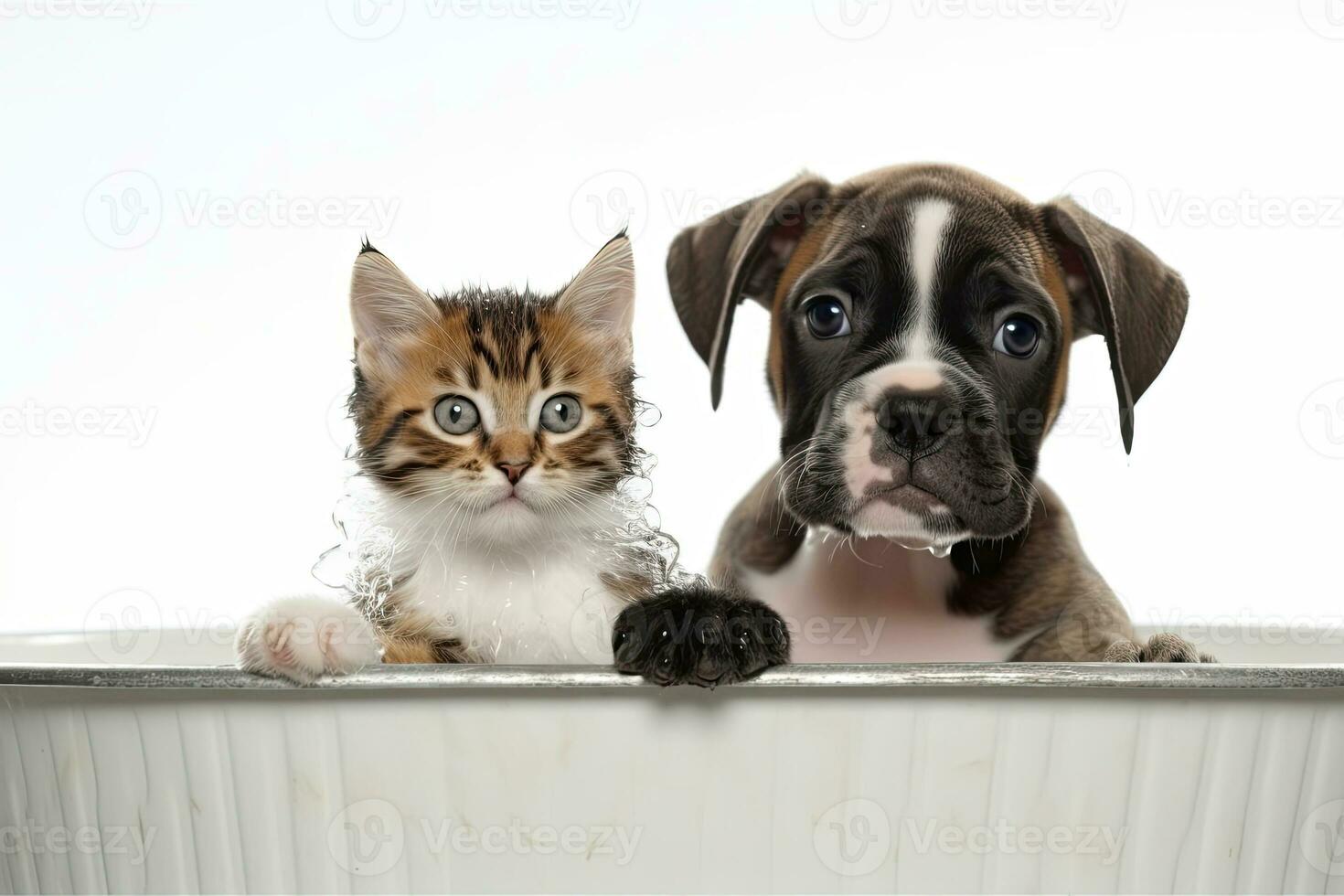 linda bebé gatito y Boxer perrito tomando un burbuja bañera, generativo ai foto
