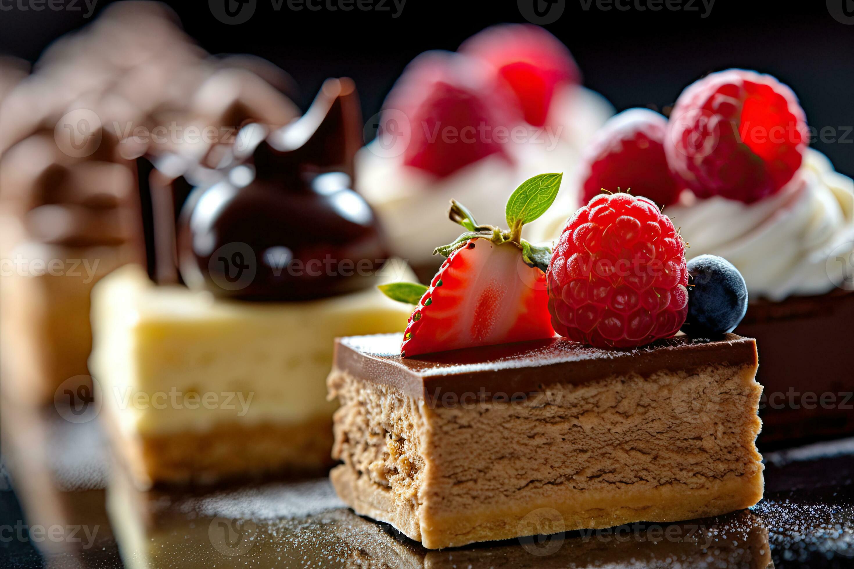 Desserts including chocolate, raspberries, Generative AI 28539424 Stock