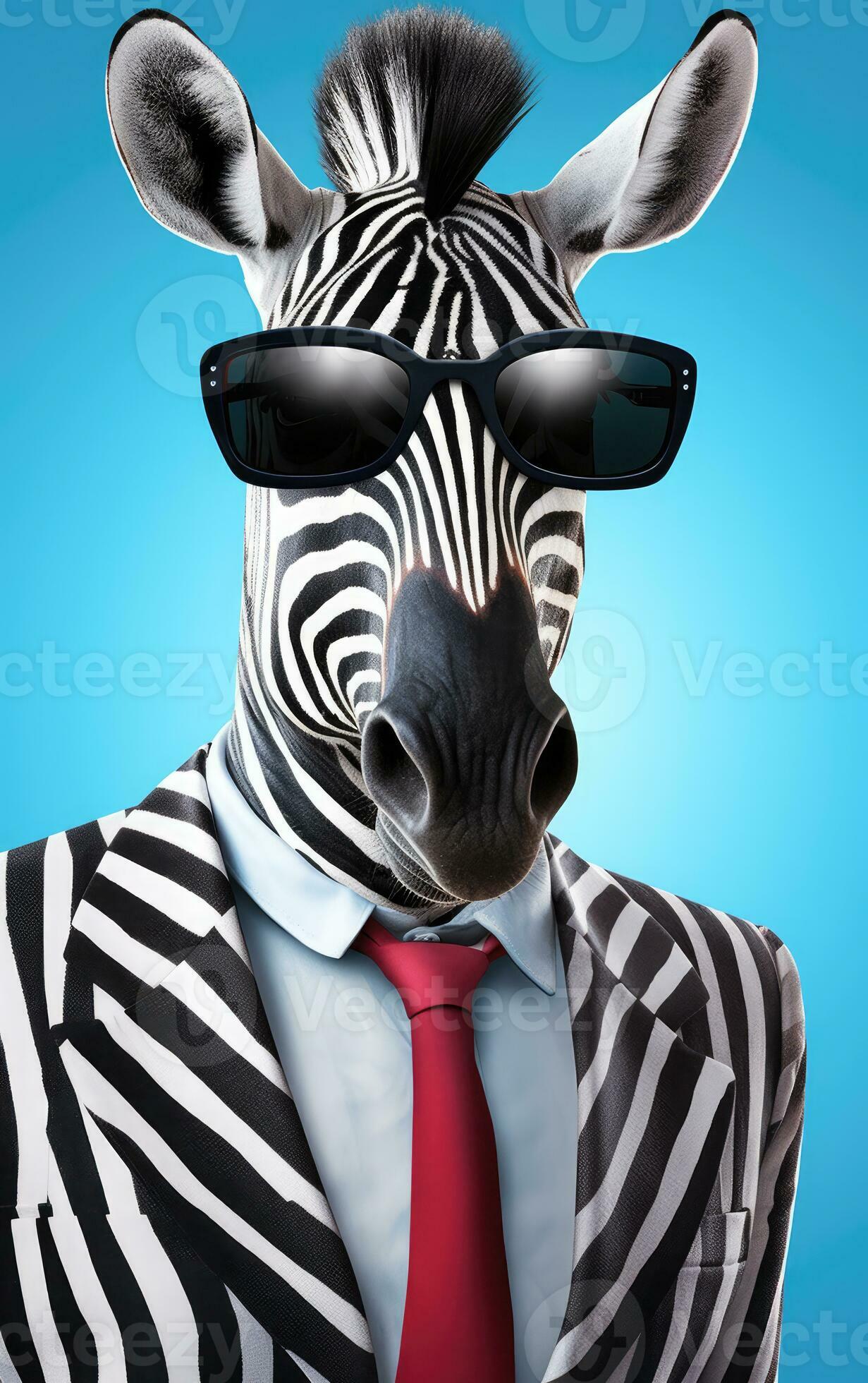 cool Zebra wearing a suit and tie, sun glasses, in the style of