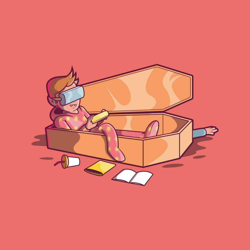 Vampire is seated on his coffin with VR glasses vector illustration. Gaming, tech, future design concept.