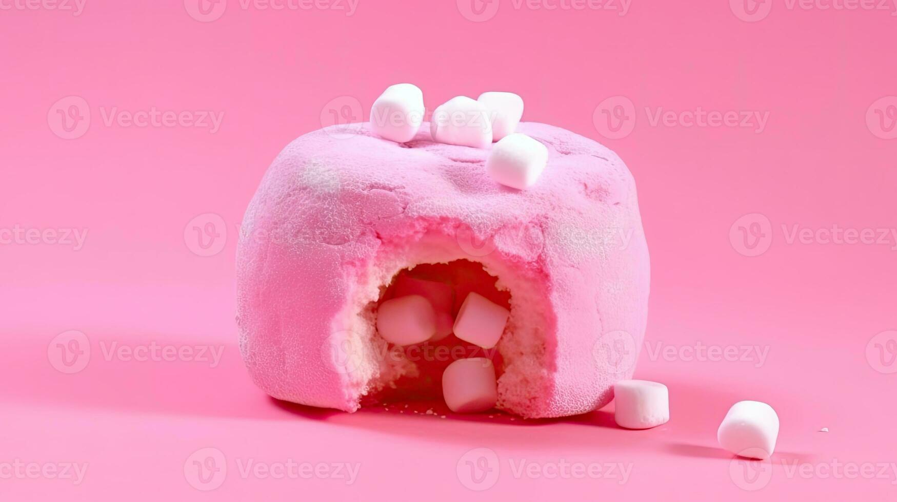 Bitten pink icing donut with marshmallows on pink background, AI Generated photo