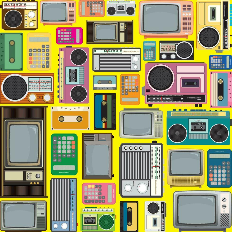 vistoso retro calculadoras, televisores, cinta, casete jugadores y radio plano diseño vector ilustración en amarillo antecedentes.