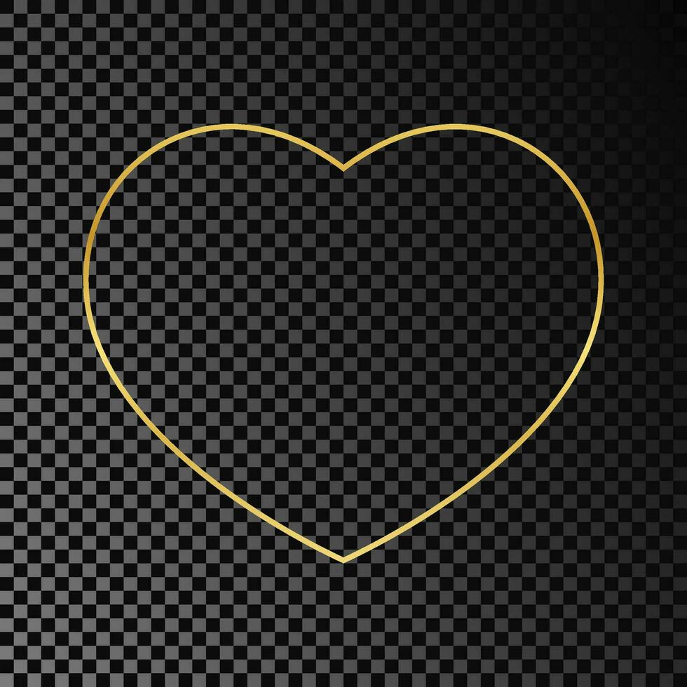 Gold glowing heart shape frame isolated on dark background. Shiny frame with glowing effects. Vector illustration.