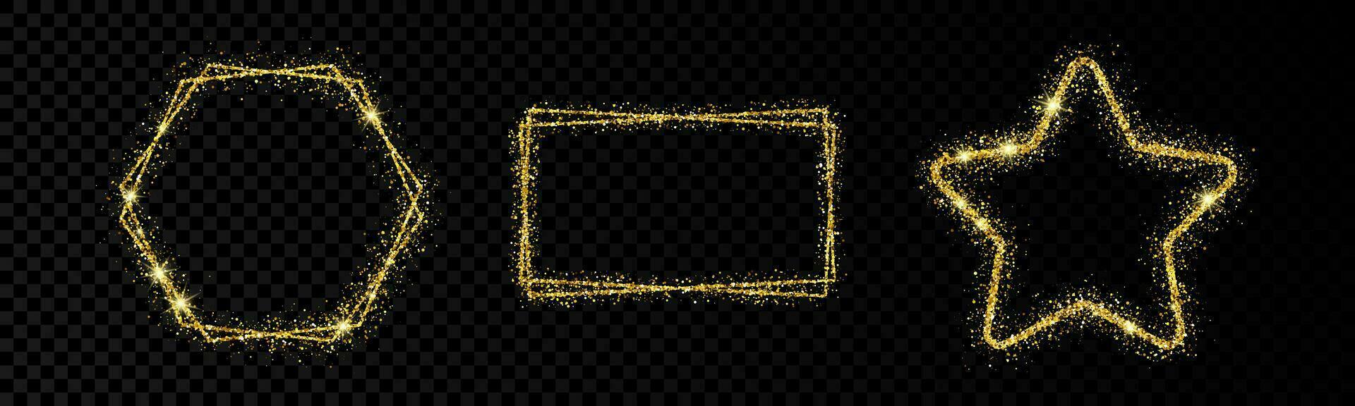 Shiny frames with glowing effects. Set of three glitter hexagon, star and rectangular frames on background. Vector illustration