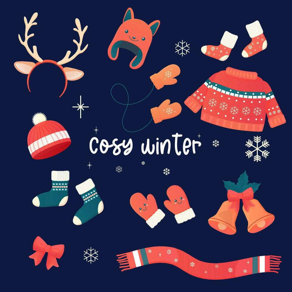 cosy set of winter accessories, clothes. Jumper, vector