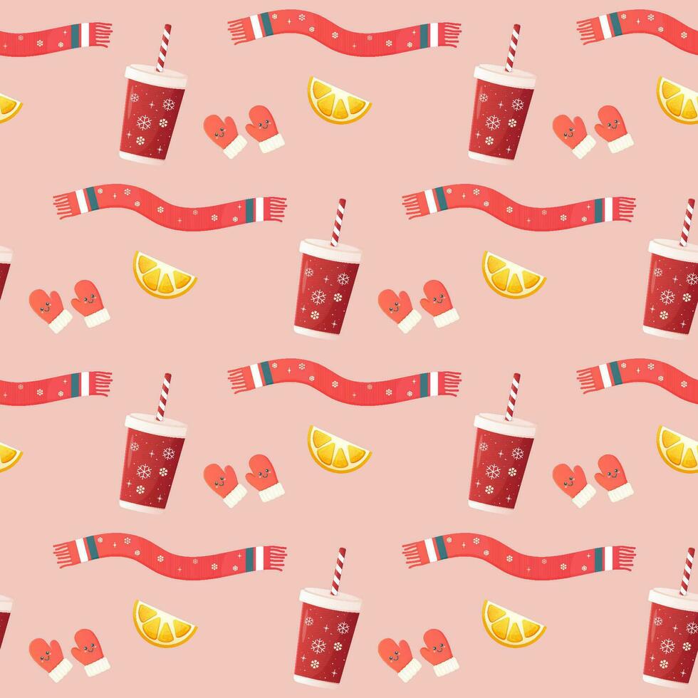 Seamless pattern cosy with winter accessories, jumper, hat, scarf, mugs. vector