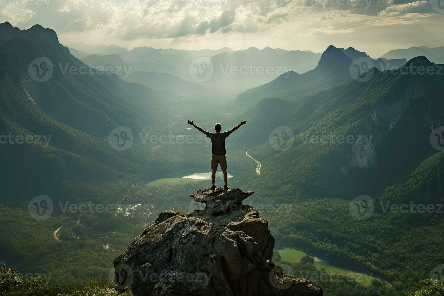 An inspiring shot of a hiker standing on a mountain top Generative AI photo
