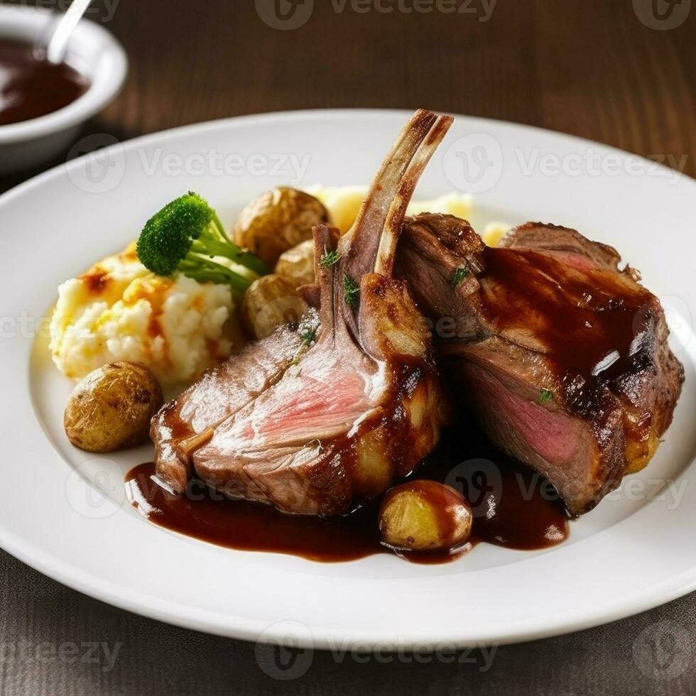 Mouthwatering dish of succulent lamb with a rich Madeira sauce, accompanied by tender boiled potatoes AI Generated photo