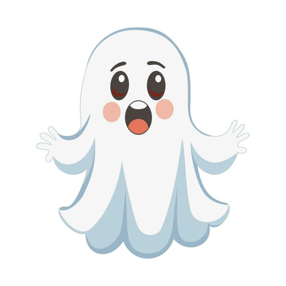 Halloween spirit with big eyes and an open mouth, dressed in a white shroud. Cute cartoon ghost. Halloween character in flat style. Vector illustration.