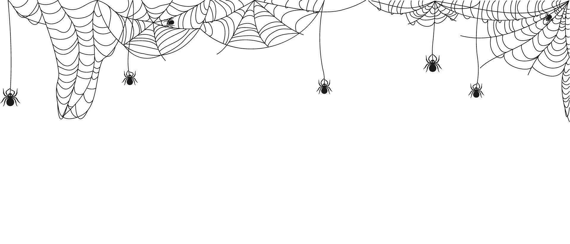 Hanging and corner spiderweb with spiders. Decor for Halloween celebration. Abstract texture of insect traps. Isolated graphic template. Vector illustration.