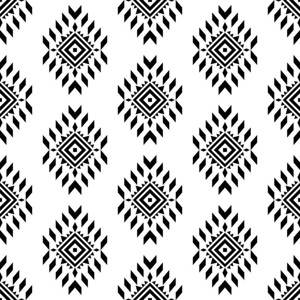 Geometric tribal ornament design with seamless repeat pattern. Aztec and Navajo ethnic style. Black and white color. Design for textile, fabric, curtain, rug, shirt, frame. vector