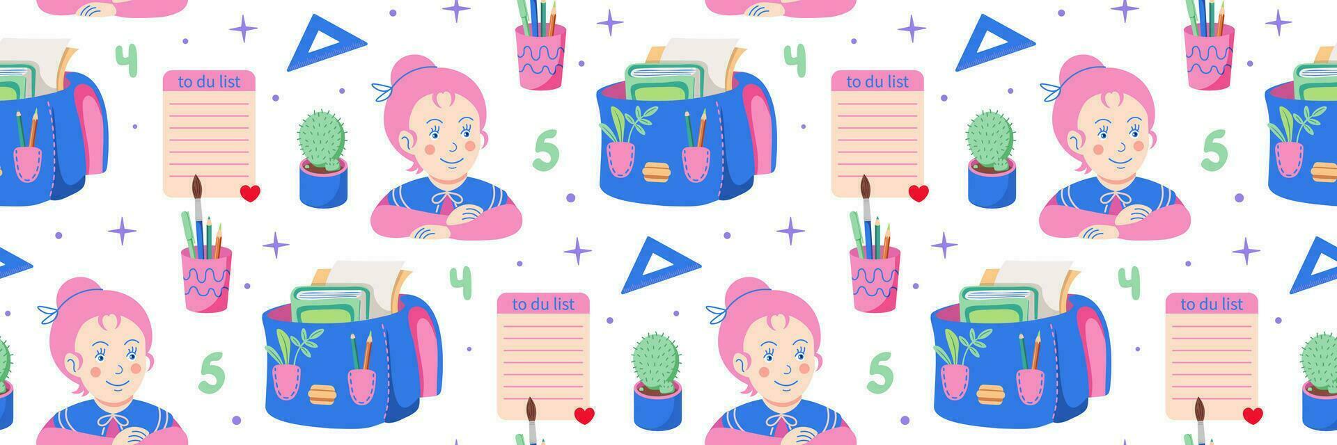 Print School vector seamless pattern. School stationery and different decoration elements. Back to school Flat illustration. Style of 90s.